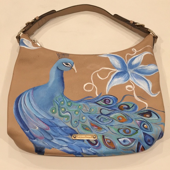 Michael Kors Handbags - Michael Kors | Tan Leather Nolita Bag & Hand Painted Blue Peacock